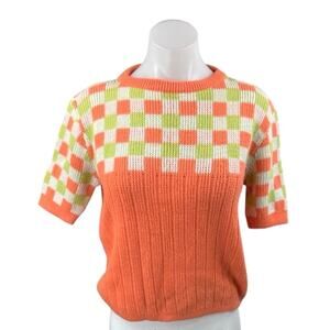 Kingsley Women's Coral Green Gingham Short Sleeve Rib Knit Sweater Top Size S